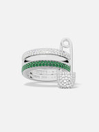 APM Ring - Monaco safety pin ring in silver with green stones, studio shot