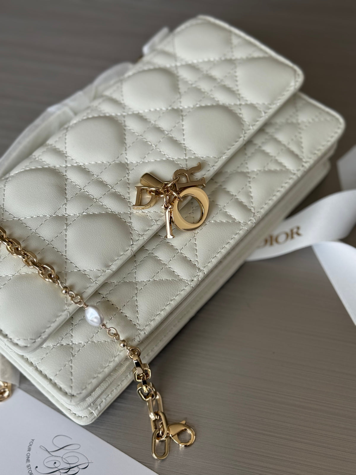 Dr My D - White, with charm and pearl chain in Dior packaging
