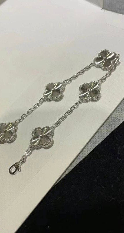 VCA Bracelet - All Silver, plain guilloche clover bracelet