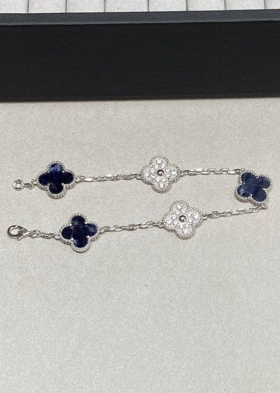 VCA Bracelet - Silver Obsidian, dark stone and pave clovers on silver