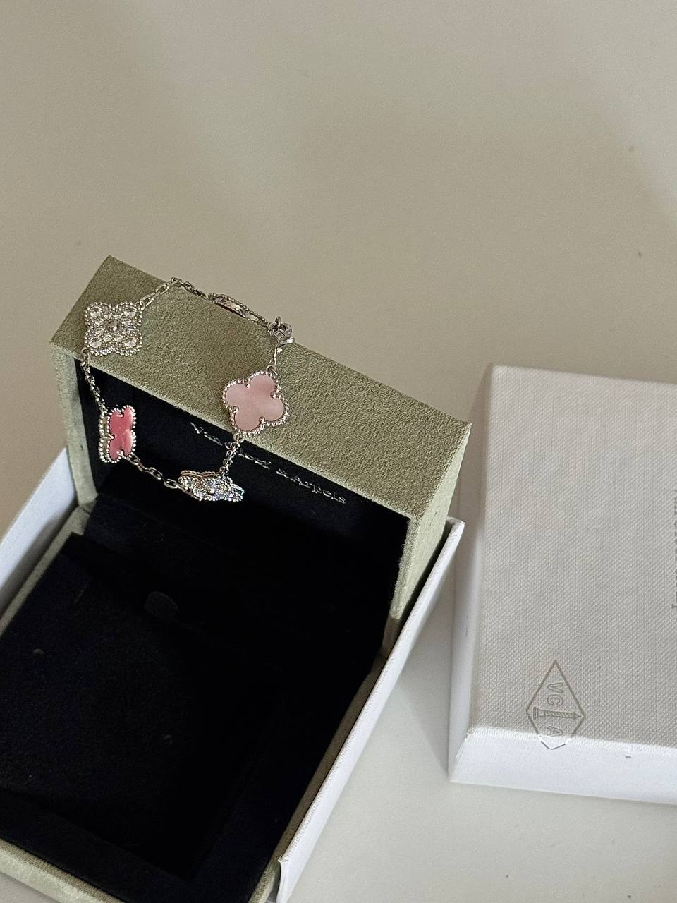 VCA Bracelet - Pink Silver, pink and pave clovers with gift box