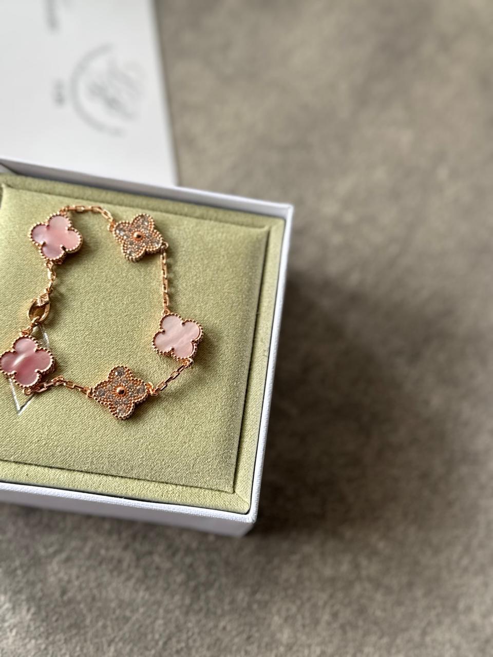 VCA Bracelet - Pink Gold, pink and pave clovers on rose gold in box