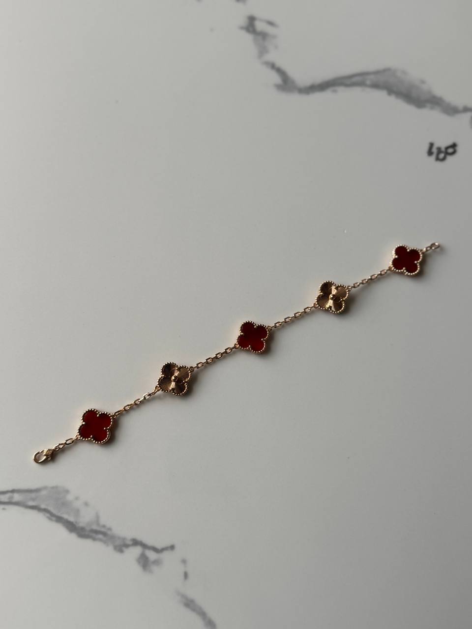 VCA Bracelet - Maroon Gold, carnelian and guilloche clovers on marble