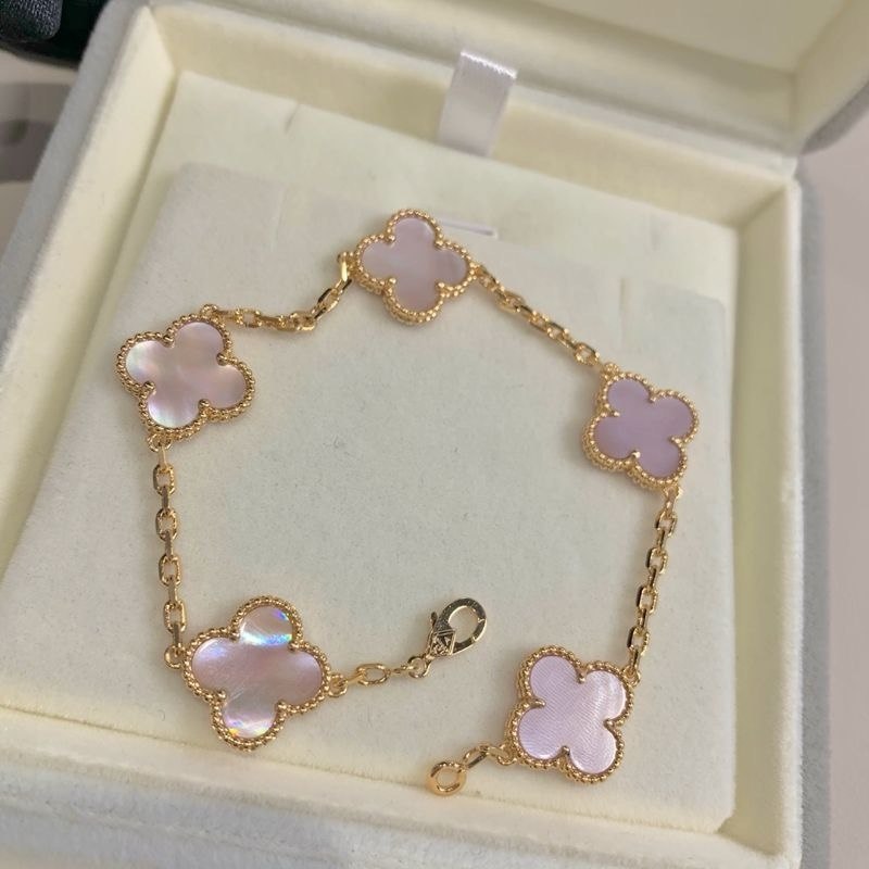 VCA Bracelet - pink mother-of-pearl clovers on yellow gold in box